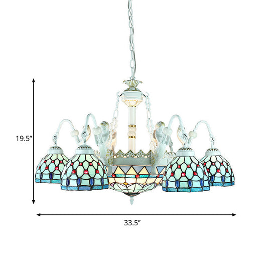 Blue Mediterranean Stained Glass Chandelier Lamp - Wire Mesh Design With Flower And Gem Pendants