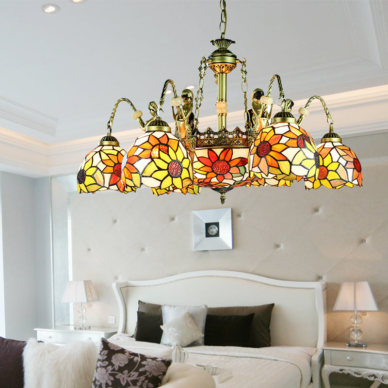 Sunflower Tiffany Cut Glass Pendant Chandelier with 9/11 Tribute Lights in Orange for Bedroom