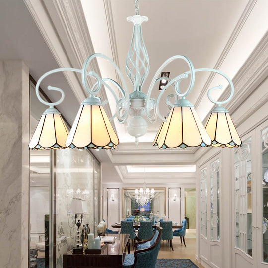 Lustre suspendu conique en vitrail réglable avec chaîne en métal - 6/8 lumières en blanc - Style traditionnel