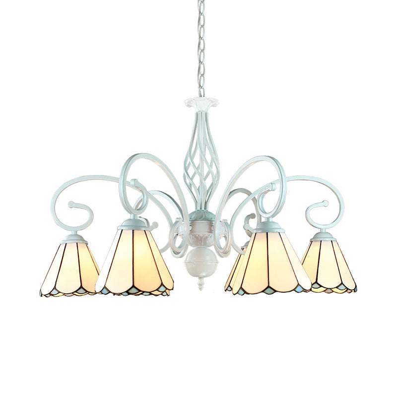 Lustre suspendu conique en vitrail réglable avec chaîne en métal - 6/8 lumières en blanc - Style traditionnel