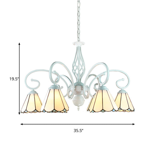 Lustre suspendu conique en vitrail réglable avec chaîne en métal - 6/8 lumières en blanc - Style traditionnel