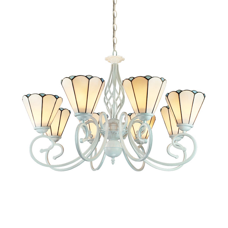 Lustre suspendu conique en vitrail réglable avec chaîne en métal - 6/8 lumières en blanc - Style traditionnel