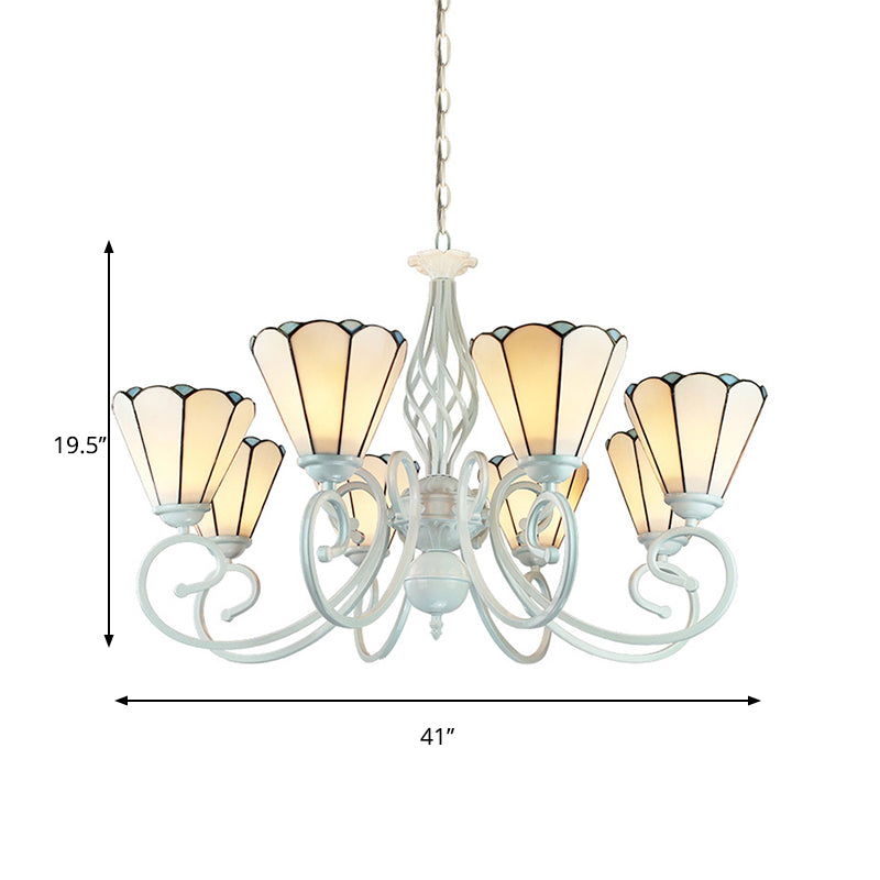Lustre suspendu conique en vitrail réglable avec chaîne en métal - 6/8 lumières en blanc - Style traditionnel