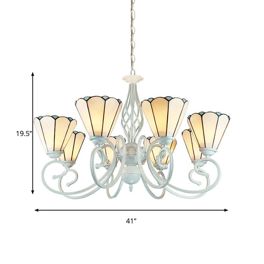 Lustre suspendu conique en vitrail réglable avec chaîne en métal - 6/8 lumières en blanc - Style traditionnel