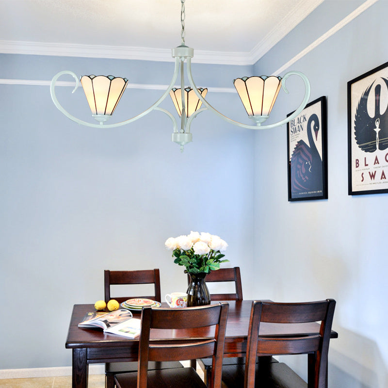 White Tiffany Glass Conical Chandelier - Curved Arm 3 Lights Hanging Ceiling Light