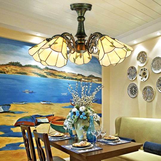 Suspension en verre teinté bronze antique : feuille/queue de paon/fleur style Tiffany, 3/5 lumières