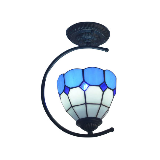 Plafonnier semi-encastré en verre Tiffany bleu ciel - Lampe d'art en forme de dôme de grille pour chambre à coucher