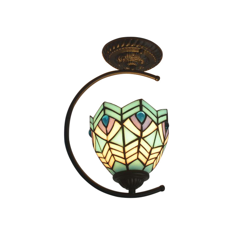 Plafonnier semi-encastré en verre Tiffany bleu ciel - Lampe d'art en forme de dôme de grille pour chambre à coucher