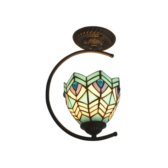 Plafonnier semi-encastré en verre Tiffany bleu ciel - Lampe d'art en forme de dôme de grille pour chambre à coucher