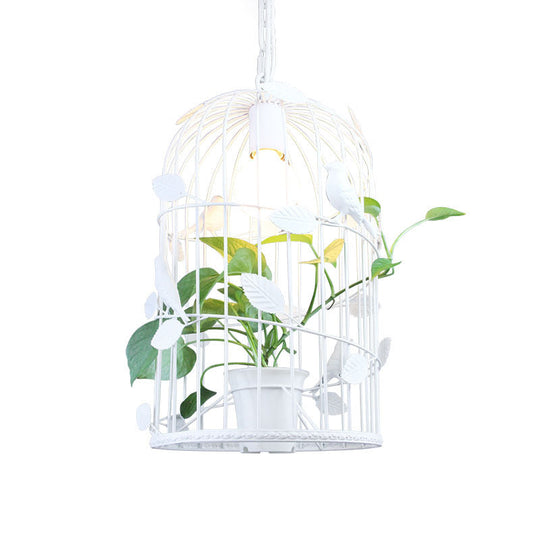 Iron White Birdcage Suspension Light With Inner Plant Deco - Warehouse Ceiling Pendant