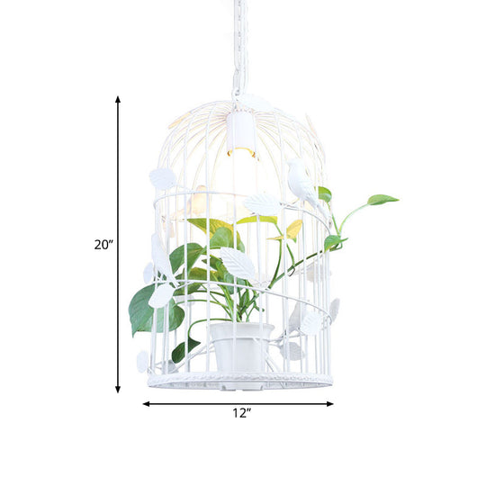 Iron White Birdcage Suspension Light With Inner Plant Deco - Warehouse Ceiling Pendant