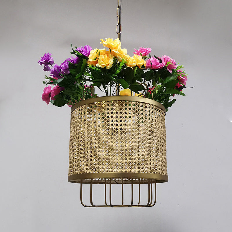 Floral Deco Beige Cylinder Pendant Light Kit With Metal Hanging Lamp