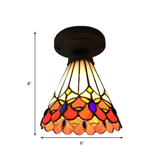 Tiffany Stained Glass Ceiling Mount Light for Cloth Shop – 1-Head Flower/Bird/Phoenix Design in Black with Pink & Red Rose Accents