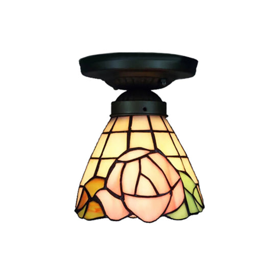Tiffany Stained Glass Ceiling Mount Light for Cloth Shop – 1-Head Flower/Bird/Phoenix Design in Black with Pink & Red Rose Accents