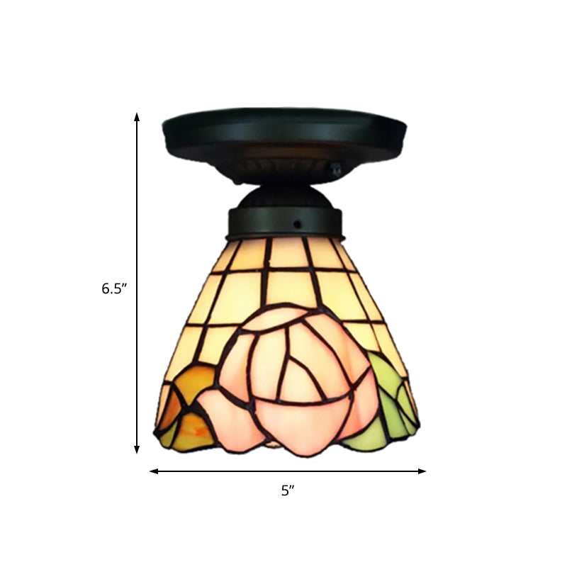 Tiffany Stained Glass Ceiling Mount Light for Cloth Shop – 1-Head Flower/Bird/Phoenix Design in Black with Pink & Red Rose Accents