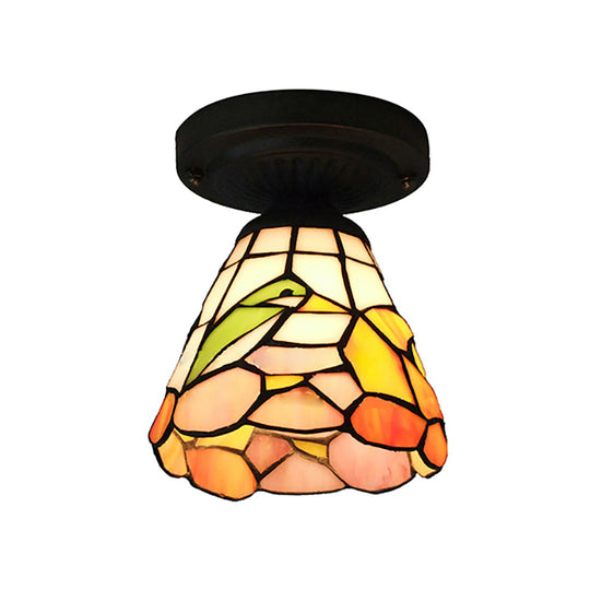 Tiffany Stained Glass Ceiling Mount Light for Cloth Shop – 1-Head Flower/Bird/Phoenix Design in Black with Pink & Red Rose Accents