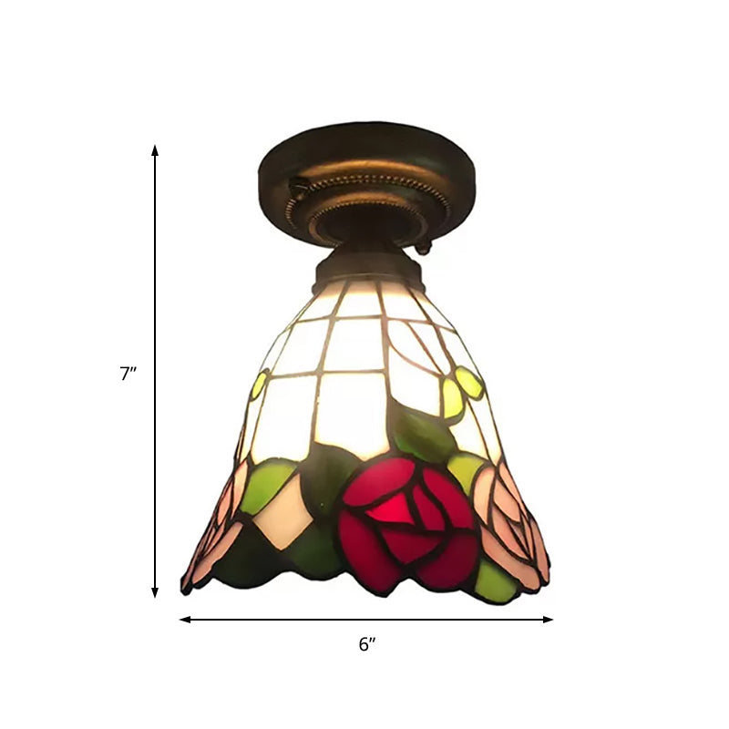 Tiffany Stained Glass Ceiling Mount Light for Cloth Shop – 1-Head Flower/Bird/Phoenix Design in Black with Pink & Red Rose Accents