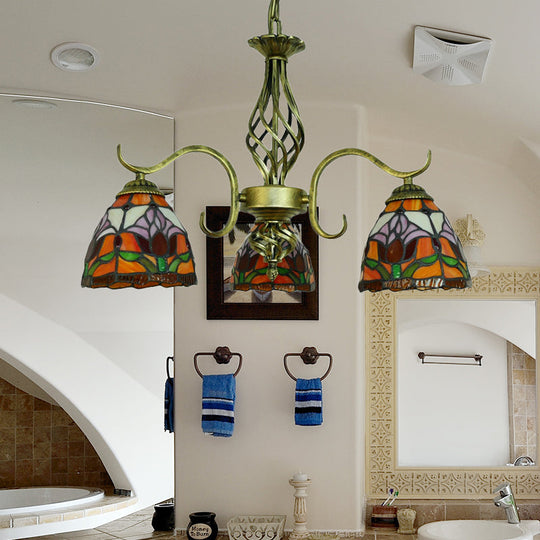 Rustic Tiffany Chandelier with Stained Glass & 3 Lights - Orange