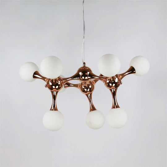 Contemporary Metal Chandelier with 9/15 Lights: Starburst Style, Rose Gold Finish, White Glass Bubble Shade