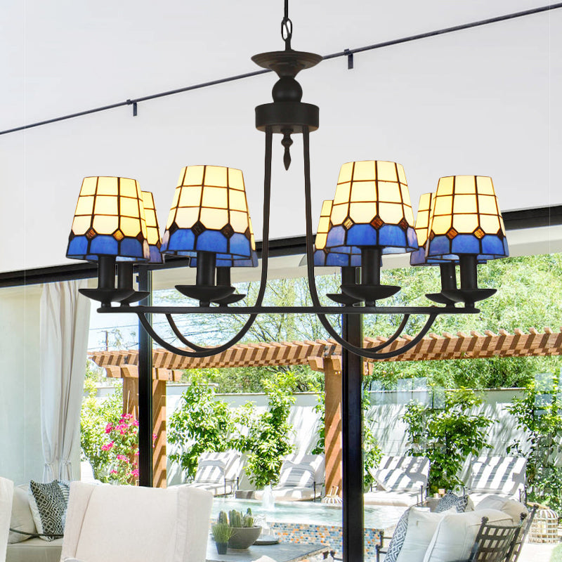 Blue Glass Lattice Chandelier with 4/6/8 Hanging Lights - Perfect for Villa or Hotel