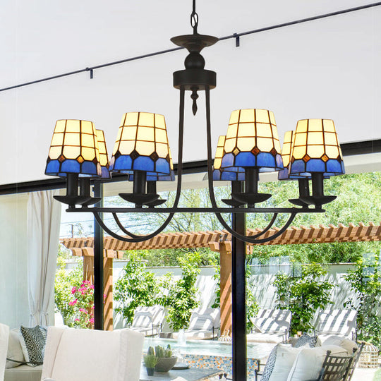 Blue Glass Lattice Chandelier with 4/6/8 Hanging Lights - Perfect for Villa or Hotel