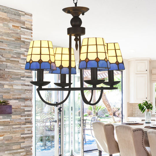 Blue Glass Lattice Chandelier with 4/6/8 Hanging Lights - Perfect for Villa or Hotel
