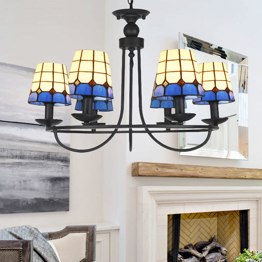 Blue Glass Lattice Chandelier with 4/6/8 Hanging Lights - Perfect for Villa or Hotel