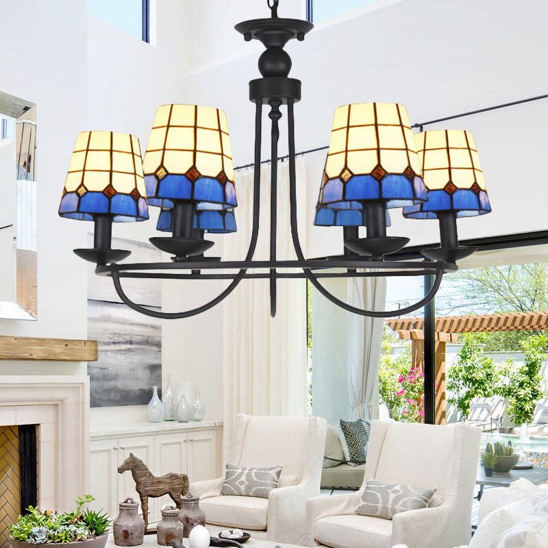 Blue Glass Lattice Chandelier with 4/6/8 Hanging Lights - Perfect for Villa or Hotel