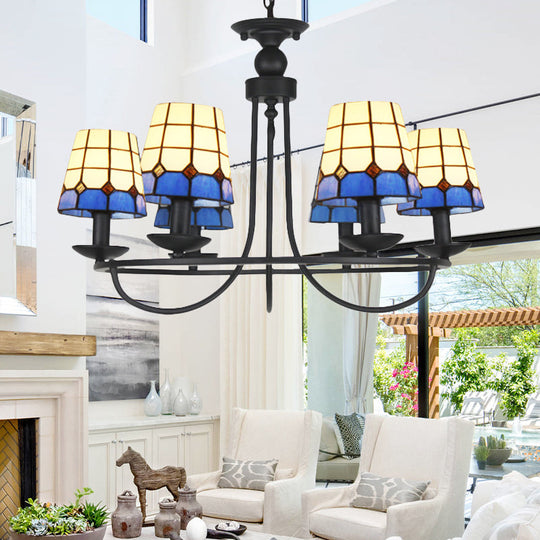 Blue Glass Lattice Chandelier with 4/6/8 Hanging Lights - Perfect for Villa or Hotel