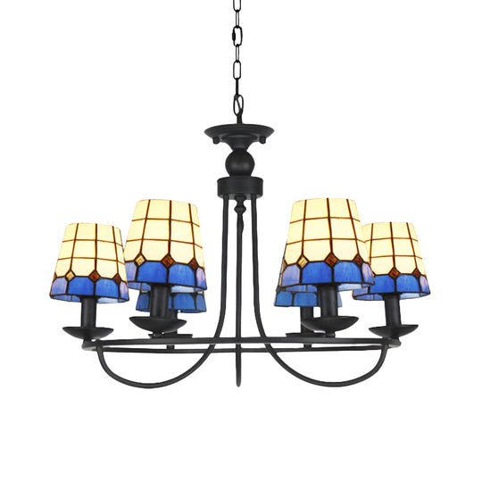 Tiffany Blue Glass Lattice Bucket Chandelier With Multiple Hanging Heads - Ideal For Hotels And