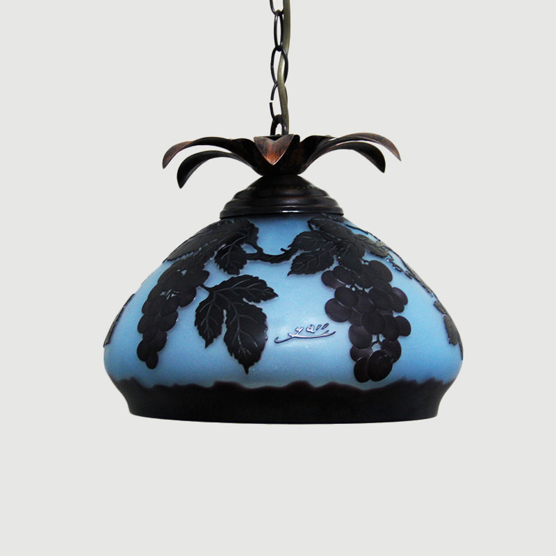 Suspension de plafond à 1 lampe de style Tiffany avec verre blanc/jaune/orange et motif raisin/fleur
