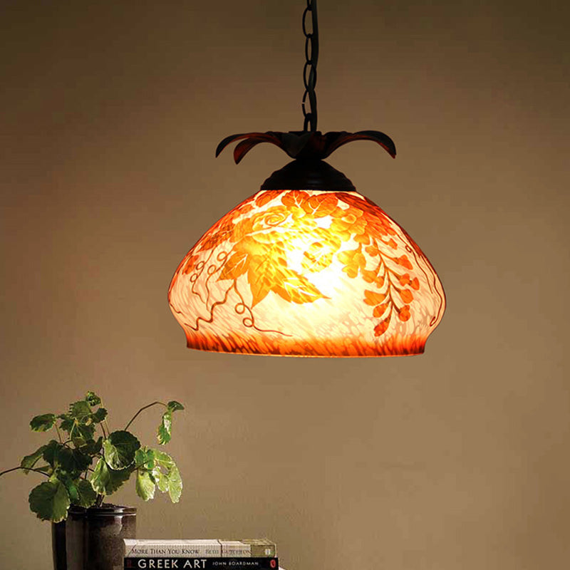 Suspension de plafond à 1 lampe de style Tiffany avec verre blanc/jaune/orange et motif raisin/fleur