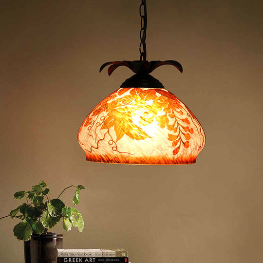 Suspension de plafond à 1 lampe de style Tiffany avec verre blanc/jaune/orange et motif raisin/fleur