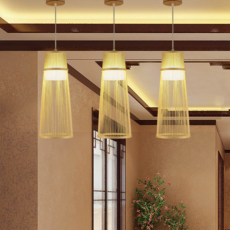 Beige Conical Drop Lamp - Asian Style Bamboo Hanging Ceiling Light For Living Room