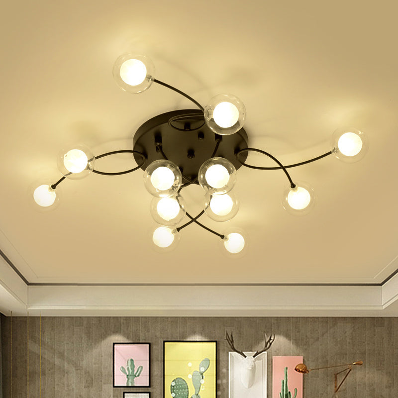 Plafonnier noir à bras torsadés romantiques : semi-encastré à plusieurs têtes pour salon
