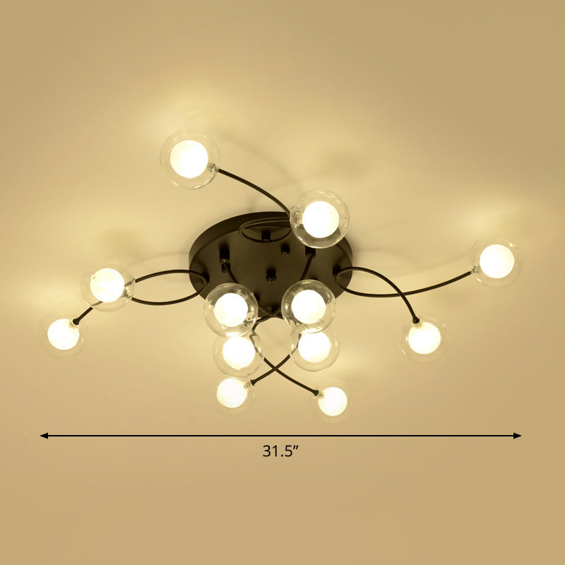 Plafonnier noir à bras torsadés romantiques : semi-encastré à plusieurs têtes pour salon