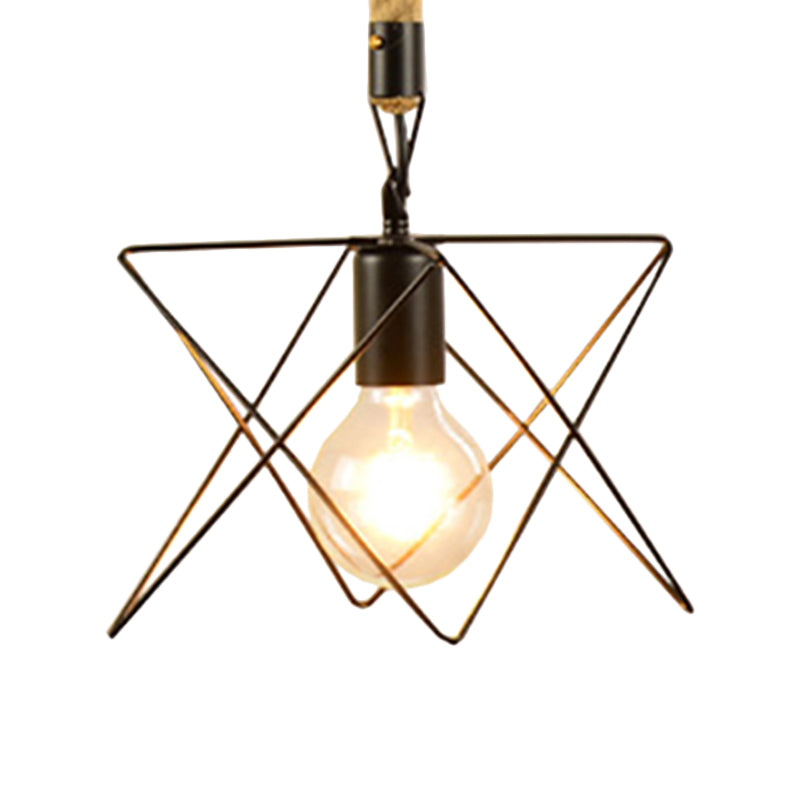 Farmhouse Style Black Metal & Rope Hanging Pendant Light - 1 Globe/Cylinder/Barrel Cage Design For