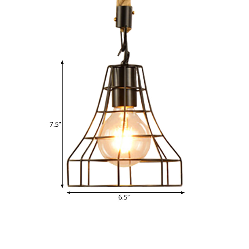 Farmhouse Style Black Metal & Rope Hanging Pendant Light - 1 Globe/Cylinder/Barrel Cage Design For