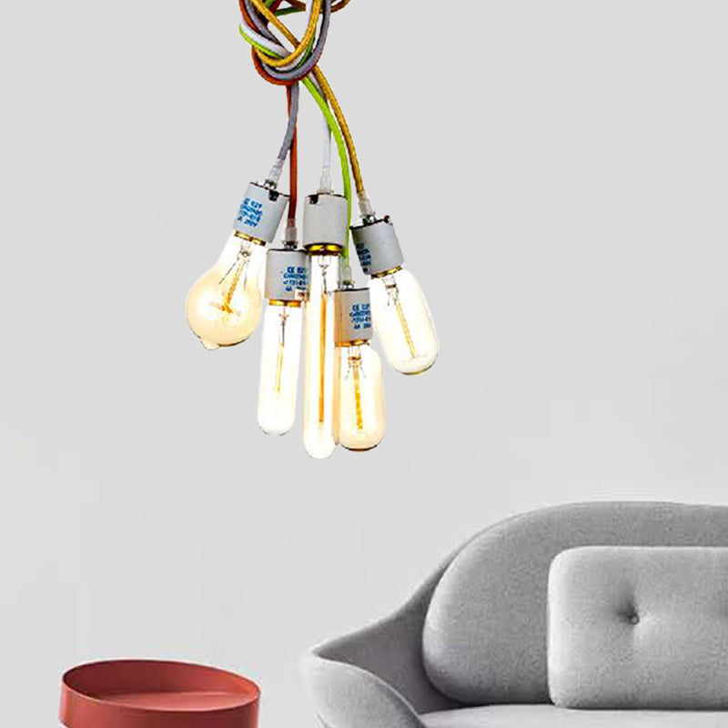 Lampe suspendue industrielle en métal avec 5 ampoules blanches et cordon multicolore pour plafond de restaurant à ampoule ouverte
