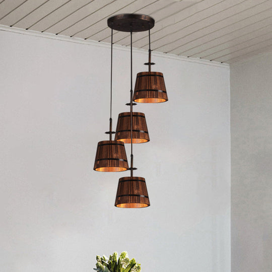 Rustic Wood Pendant Light with 4 Coolie-Shade Heads for Restaurants - Brown