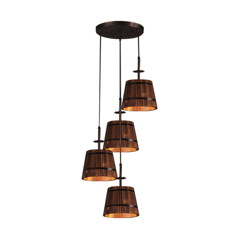 Rustic Wood Pendant Light with 4 Coolie-Shade Heads for Restaurants - Brown