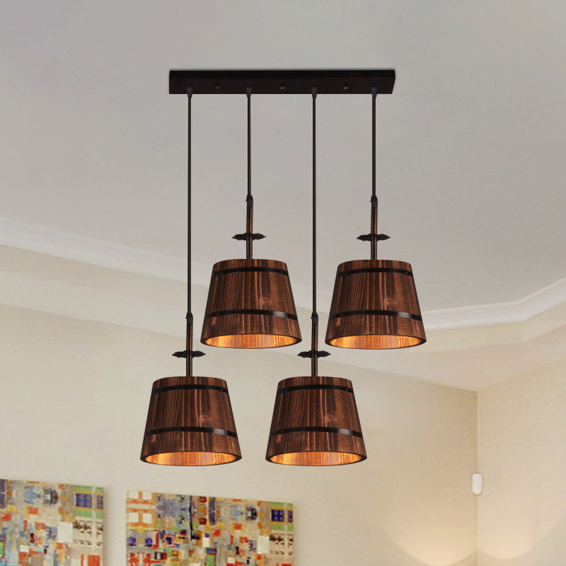 Rustic Wood Pendant Light with 4 Coolie-Shade Heads for Restaurants - Brown
