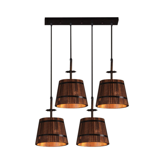 Rustic Wood Pendant Light with 4 Coolie-Shade Heads for Restaurants - Brown