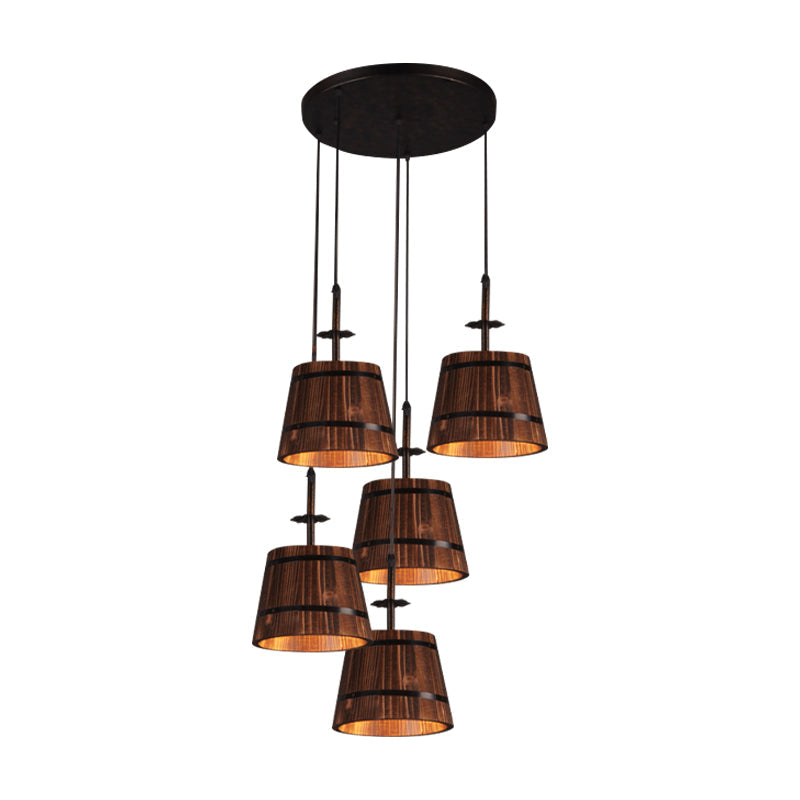 Country Style 4-Light Wooden Bucket Pendant Light - Brown