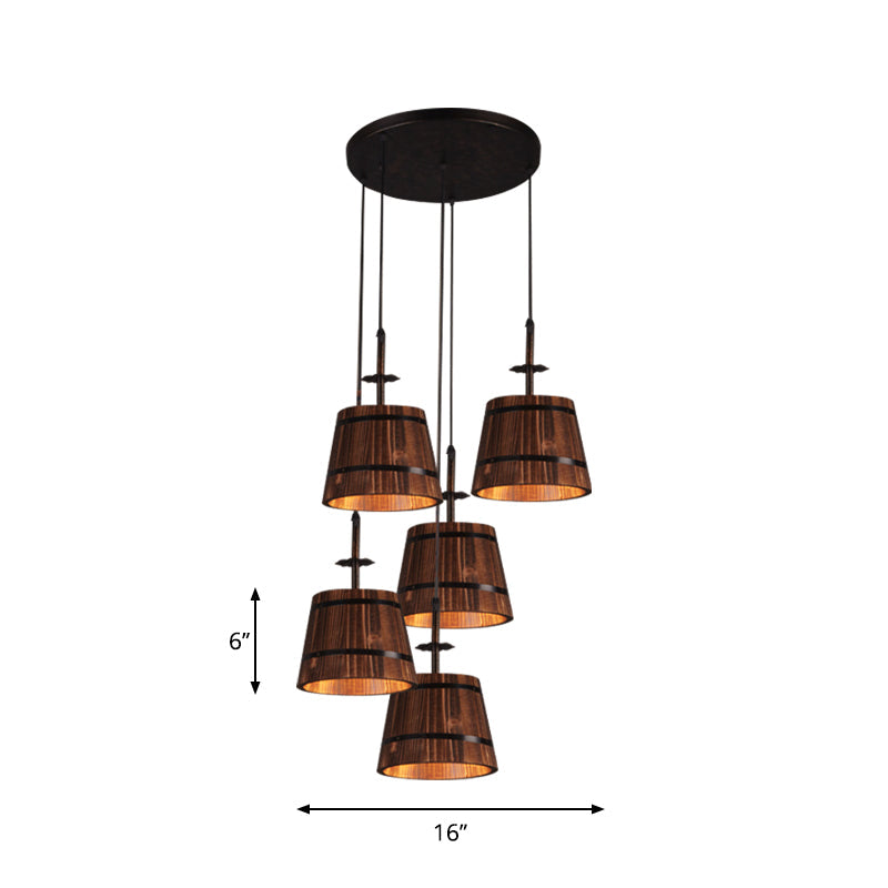 Rustic Wooden Bucket Pendant Light - Café Lodge 4-Light Country Style, Brown