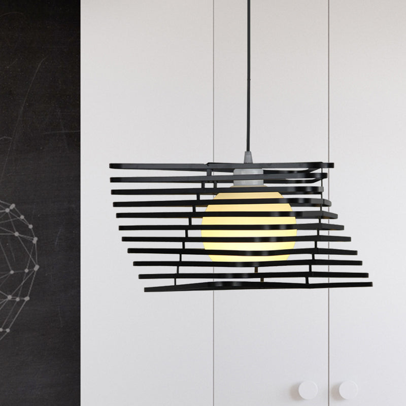 Vintage Twist Cage Pendant Light - Monochrome Metallic Single Light Lamp for Bookstore