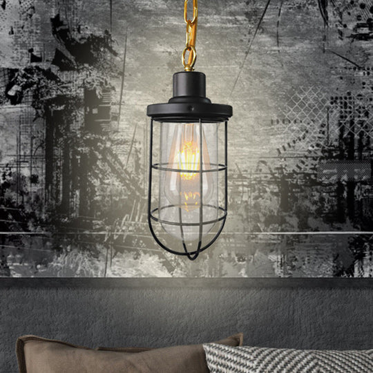 Coastal Black Caged Pendant Lamp With Clear Glass - Single-Bulb Hanging Light Fixture For Bedroom