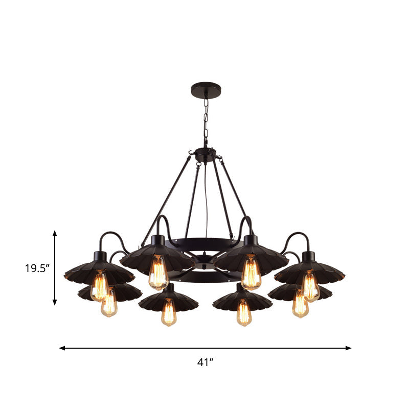 Black Metal Farmhouse Style Scalloped Edge Chandelier Light With Gooseneck Arm - 8 Heads Pendant