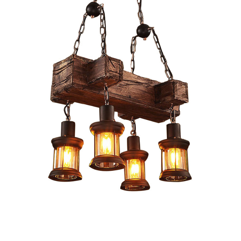 Coastal Lantern Clear Glass Pendant 4-Light Island Light Fixture In Brown With Wood Accents