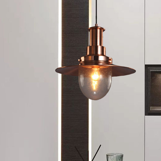 Nautical Flat Shade Pendant Lamp in Nickel/Copper Finish - Glass Shade, 1 Bulb Metallic Lighting for Bars